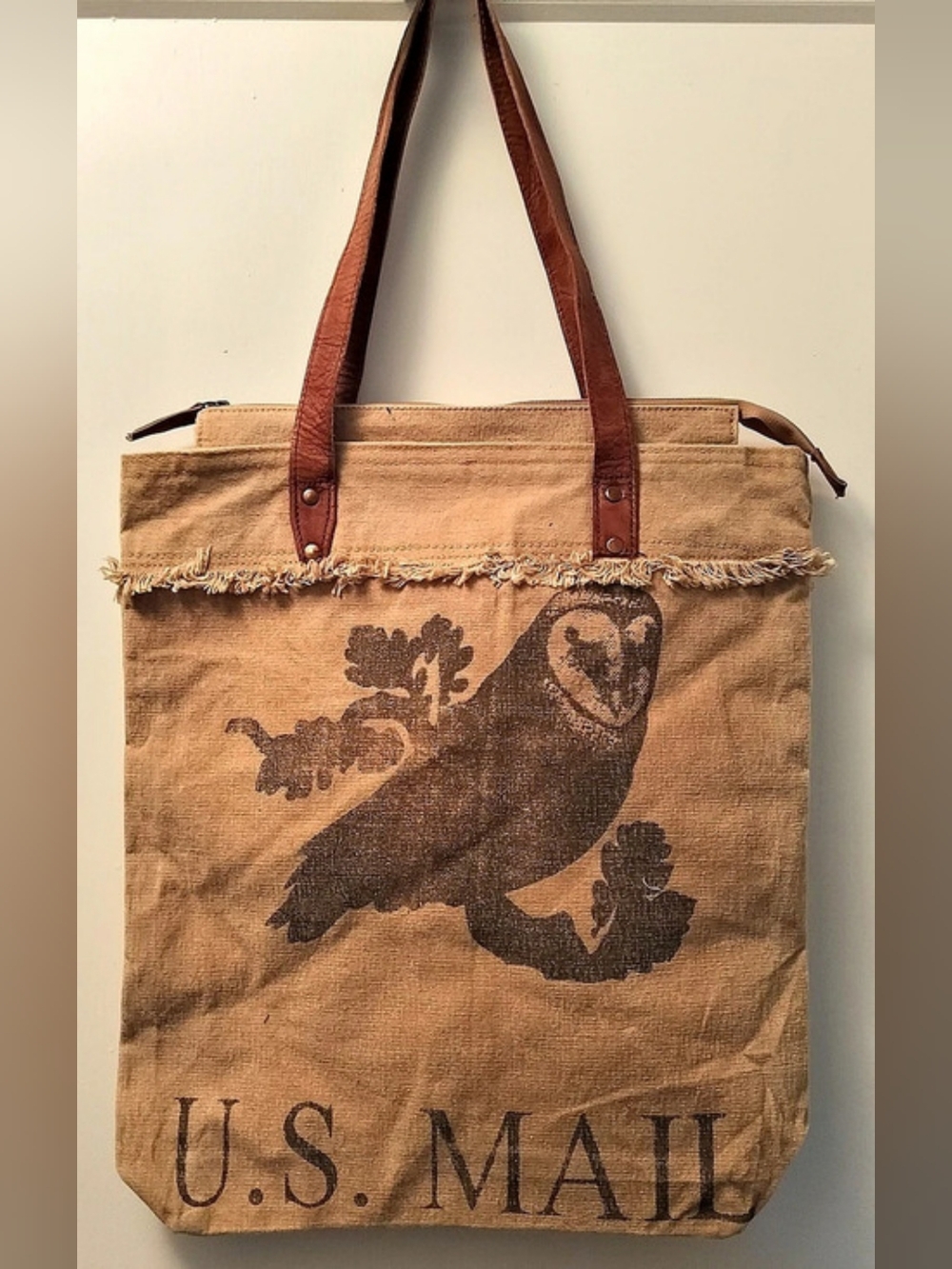 Clea Ray Extra Large Beige Canvas Tote Bag With Leather Handles